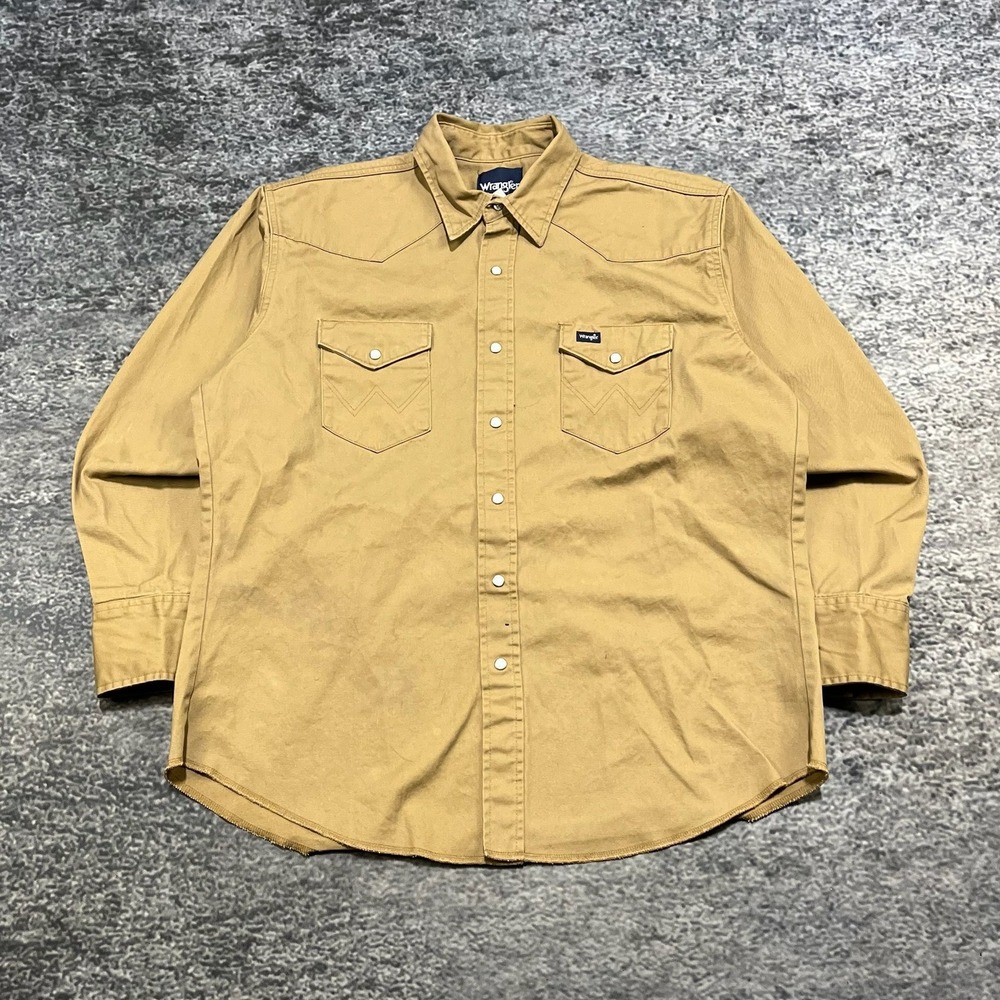 Wrangler Pearl Snap Shirt Long Sleeve Mens XL Tan Brushpopper Western Cowboy